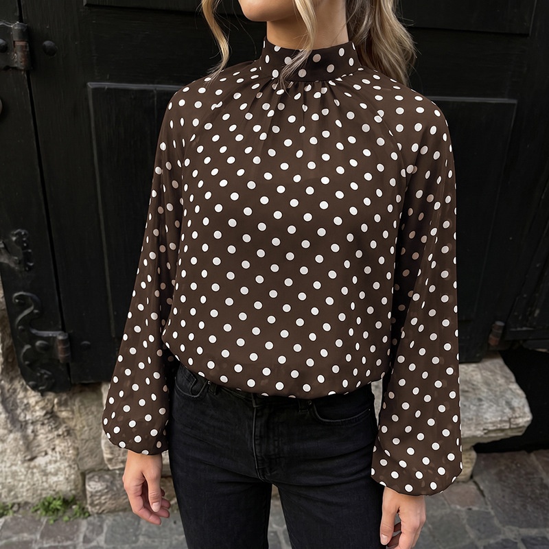 Women's Brown Polka Dot High Neck Long Sleeve Blouse