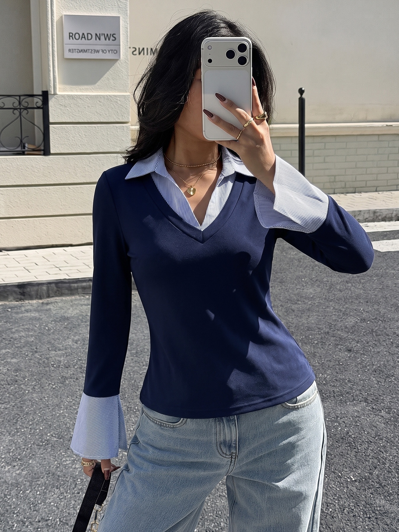 Navy Blue 2-in-1 Collared Long Sleeve Top
