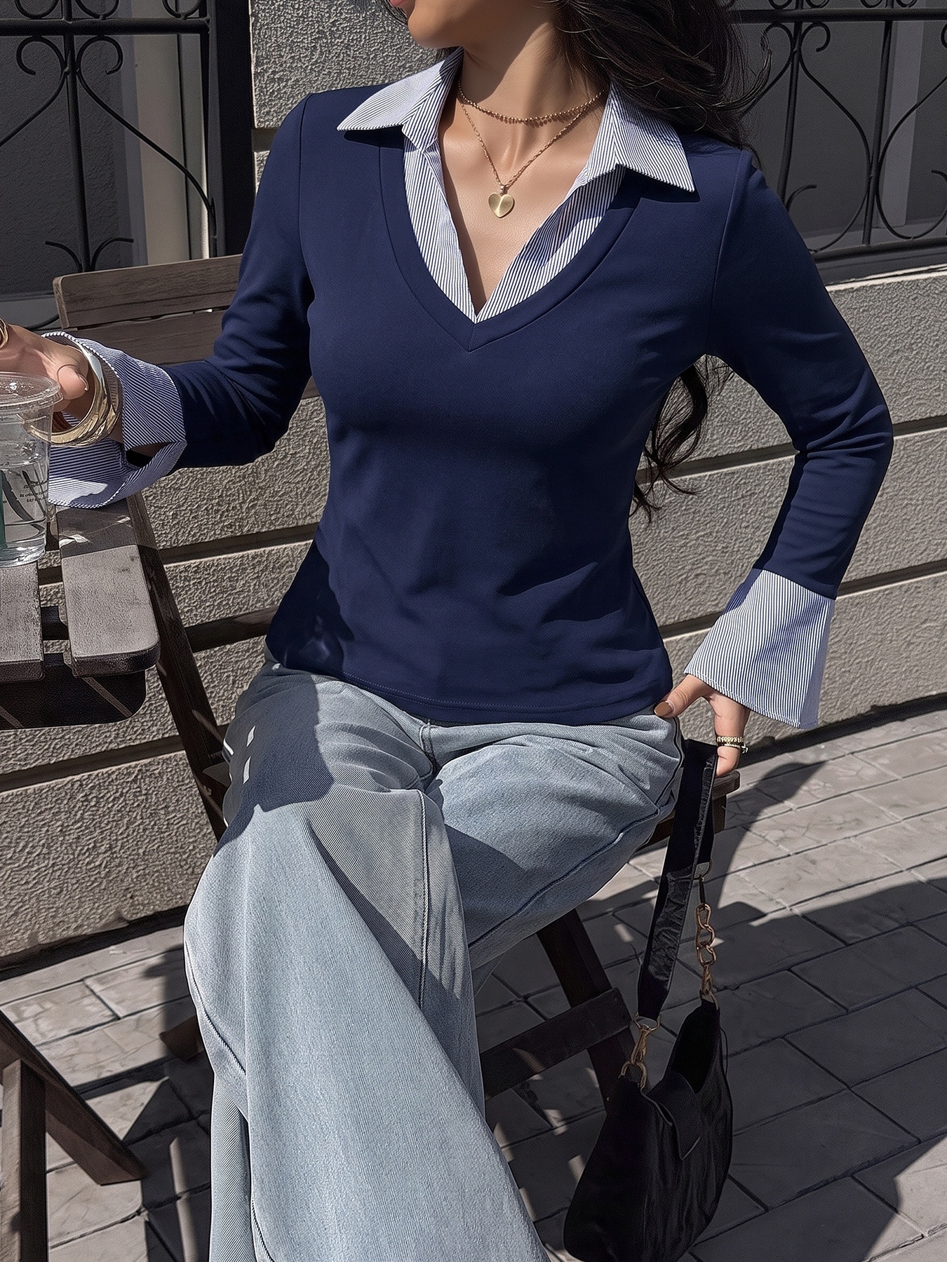 Navy Blue 2-in-1 Collared Long Sleeve Top