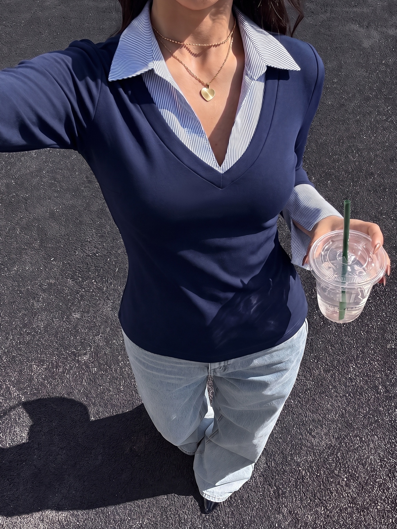 Navy Blue 2-in-1 Collared Long Sleeve Top