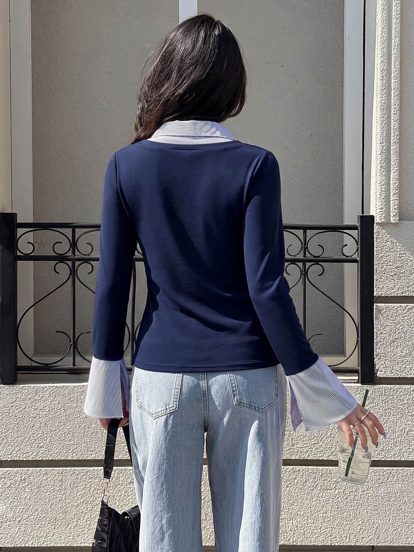 Navy Blue 2-in-1 Collared Long Sleeve Top