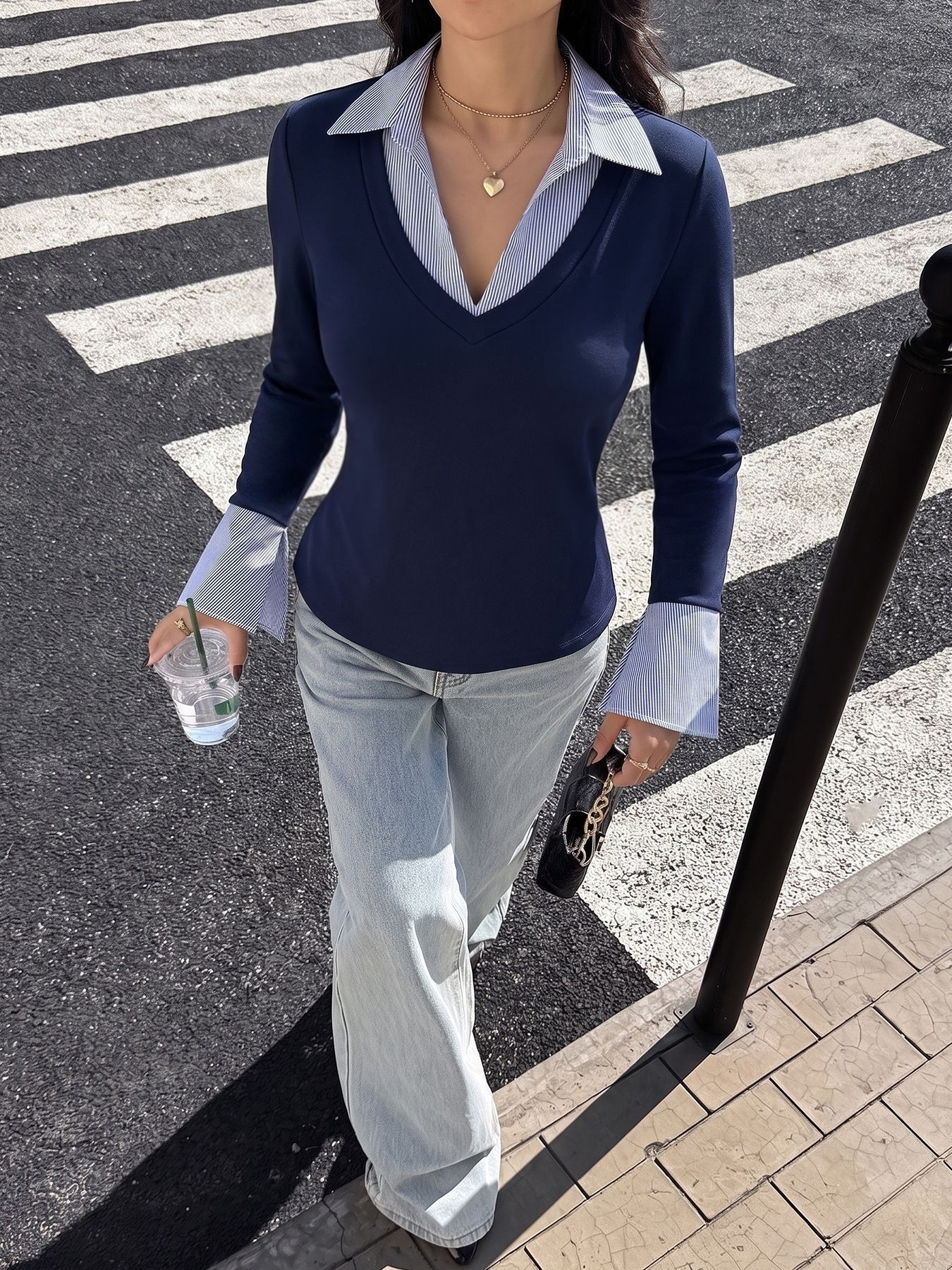 Navy Blue 2-in-1 Collared Long Sleeve Top