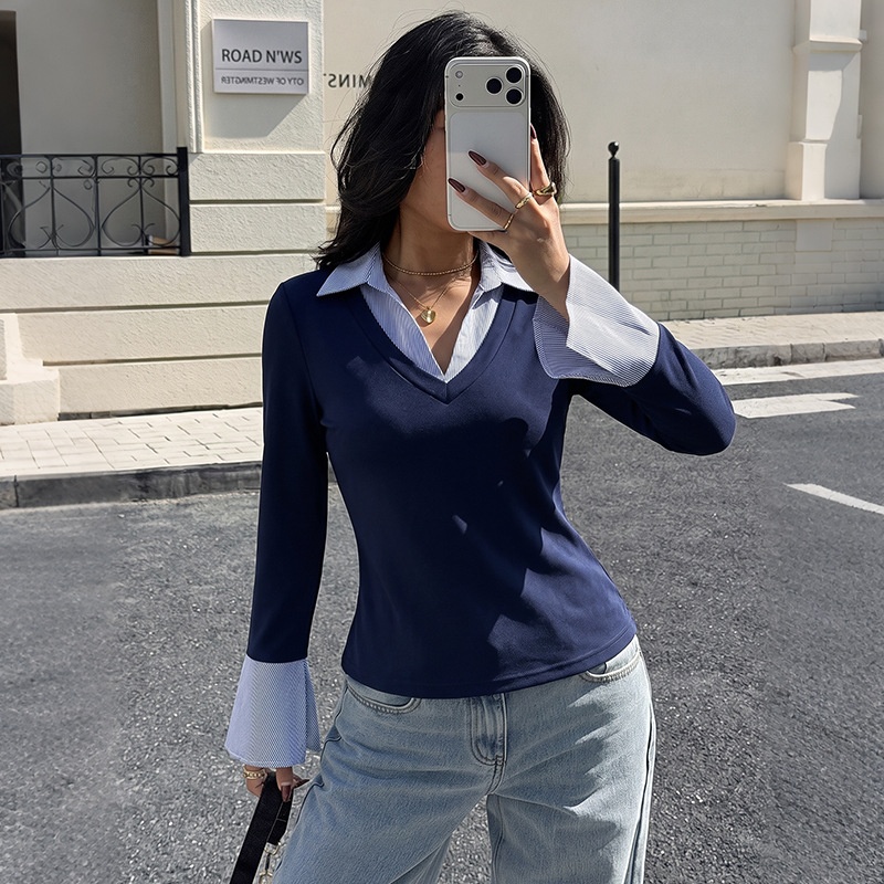 Navy Blue 2-in-1 Collared Long Sleeve Top