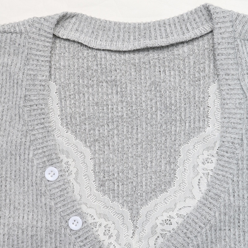 Women's Lace Trim V-Neck Ribbed Henley Top