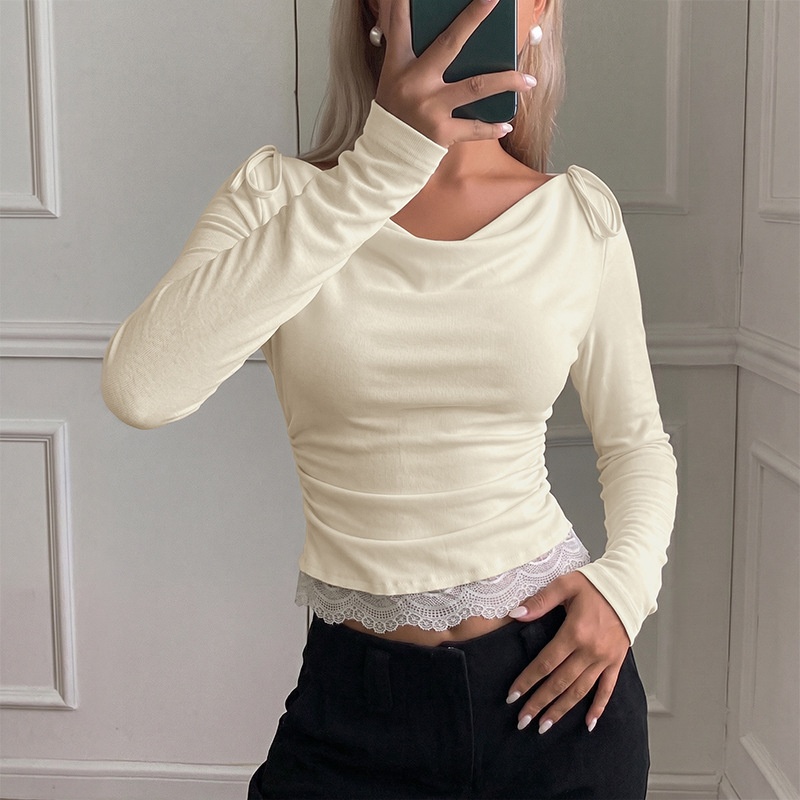 Draped Cowl Neck Long Sleeve Top with Lace Hem