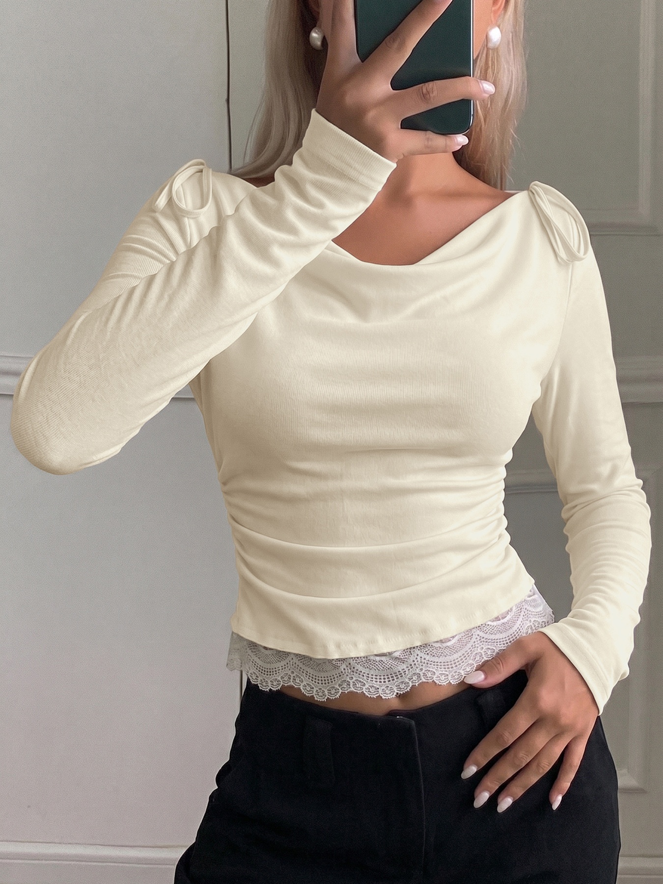 Draped Cowl Neck Long Sleeve Top with Lace Hem