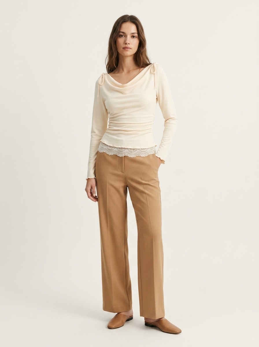 Draped Cowl Neck Long Sleeve Top with Lace Hem