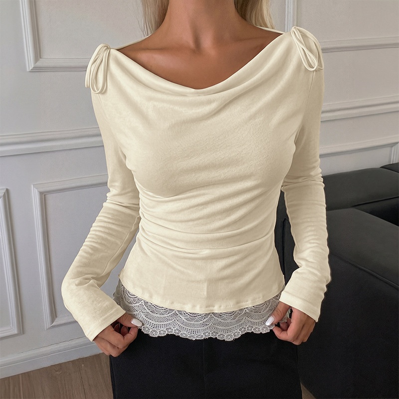 Draped Cowl Neck Long Sleeve Top with Lace Hem