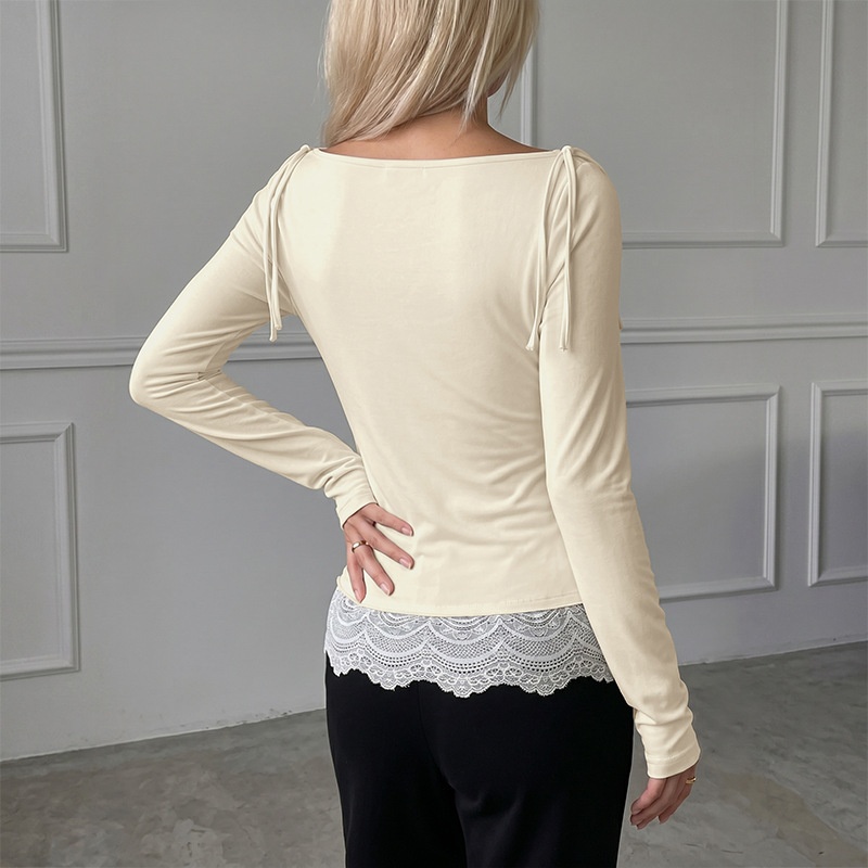 Draped Cowl Neck Long Sleeve Top with Lace Hem
