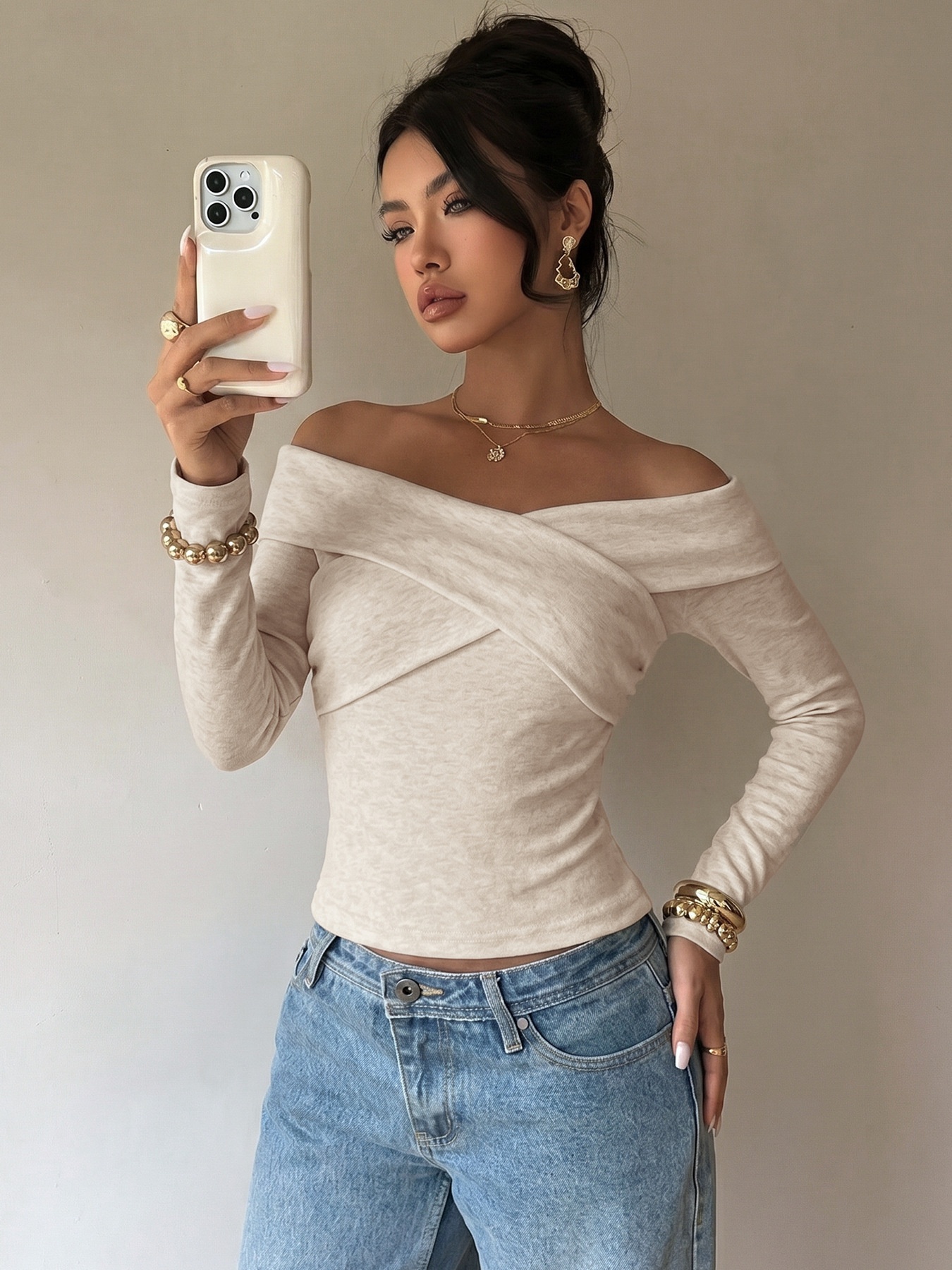 Women's Off-Shoulder Cross Front Long Sleeve Top