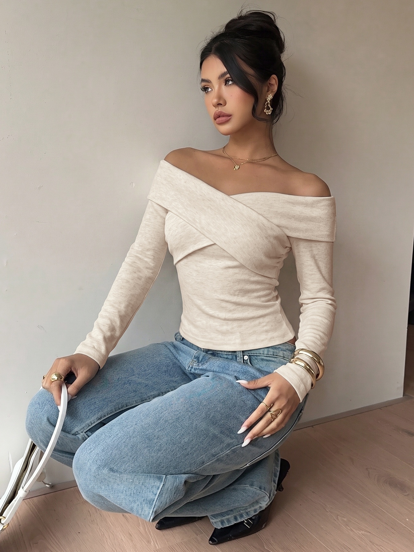 Women's Off-Shoulder Cross Front Long Sleeve Top