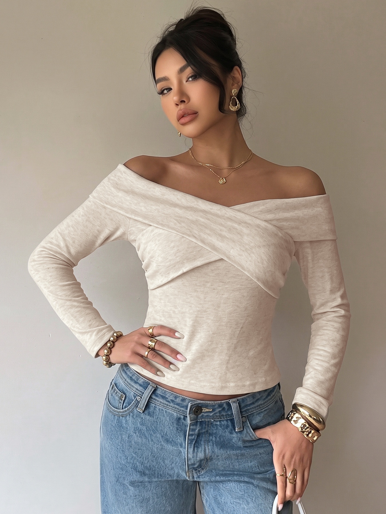 Women's Off-Shoulder Cross Front Long Sleeve Top