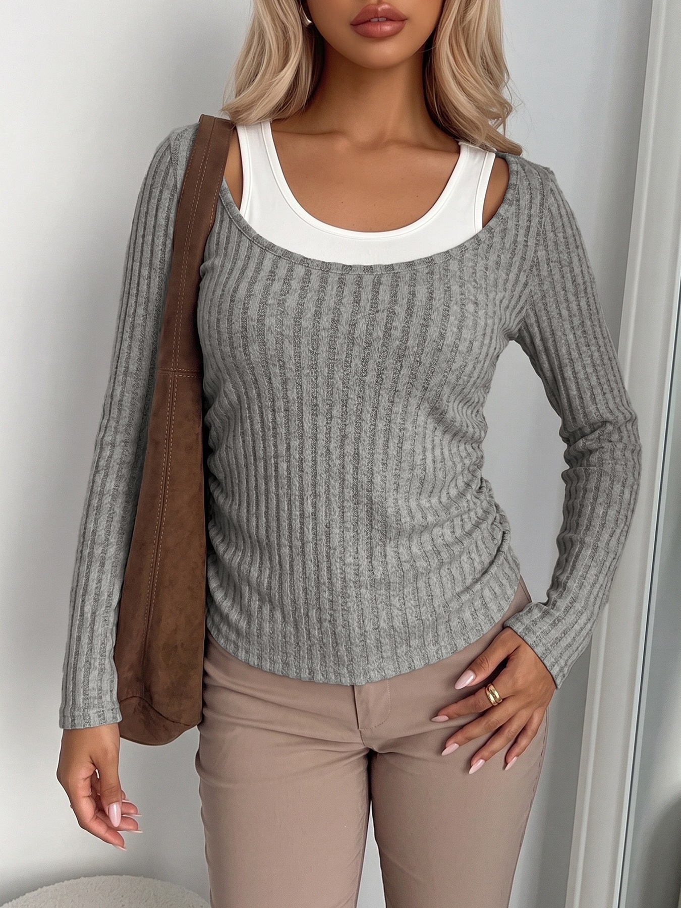 Women's 2-in-1 Ribbed Knit Long Sleeve Top