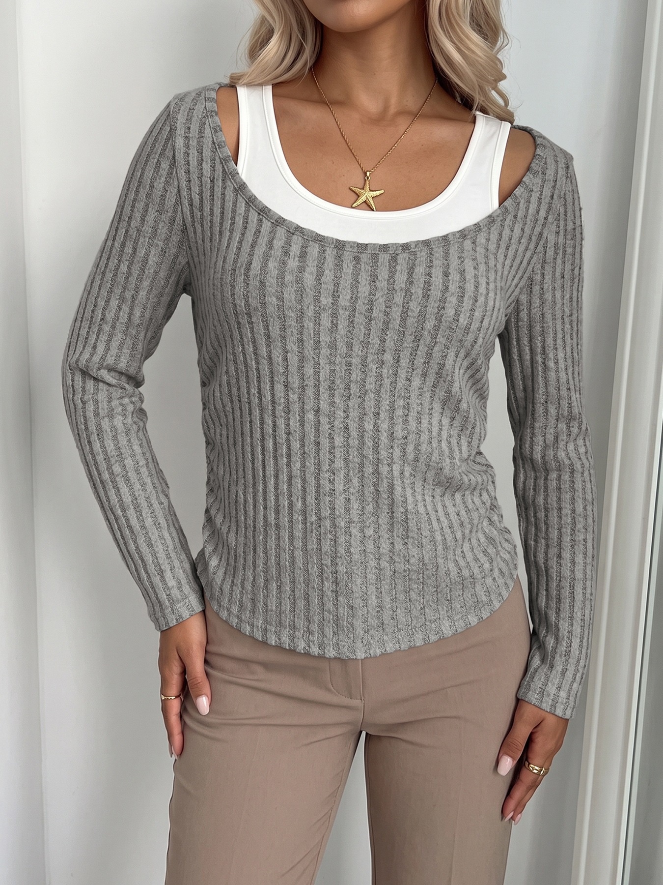 Women's 2-in-1 Ribbed Knit Long Sleeve Top