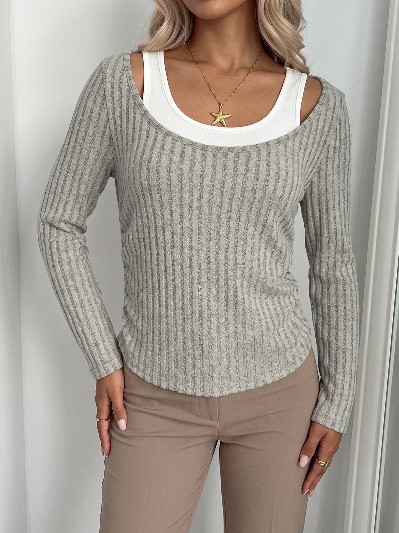 Women's 2-in-1 Ribbed Knit Long Sleeve Top