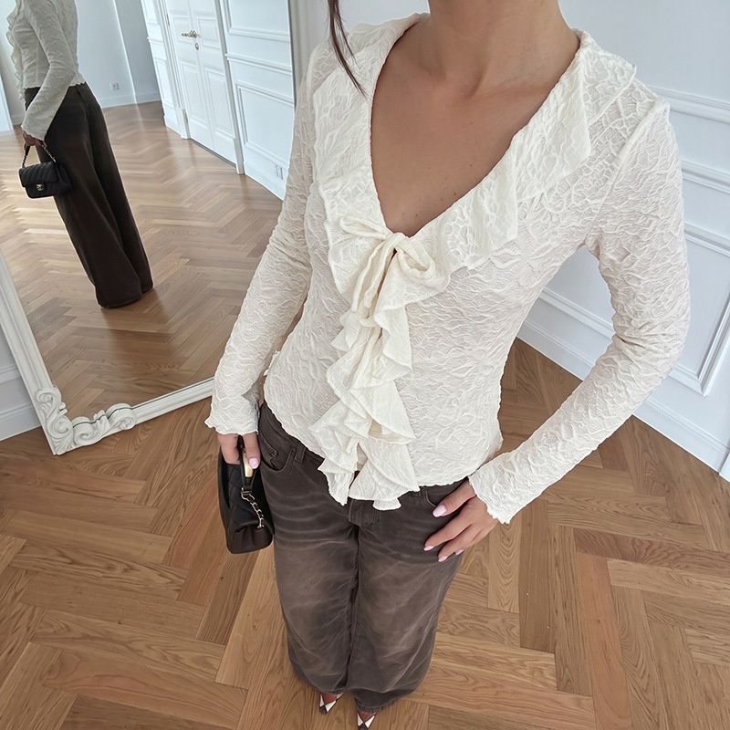 Ruffle Front Tie Long Sleeve Blouse