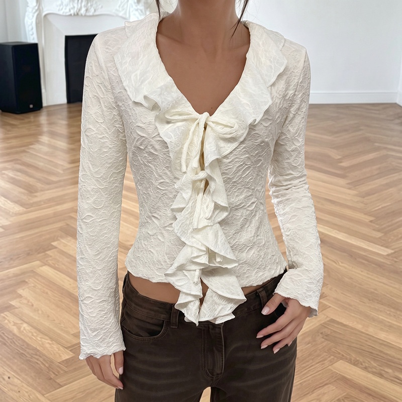 Ruffle Front Tie Long Sleeve Blouse