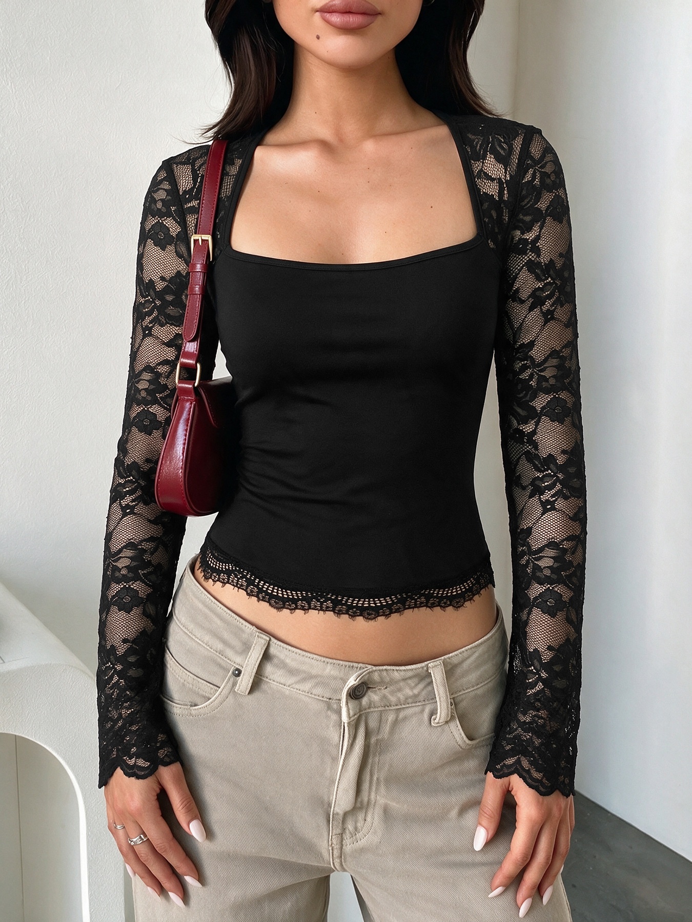 Women's Black Square Neck Sheer Lace Long Sleeve Crop Top