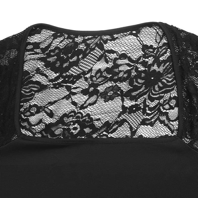 Women's Black Square Neck Sheer Lace Long Sleeve Crop Top
