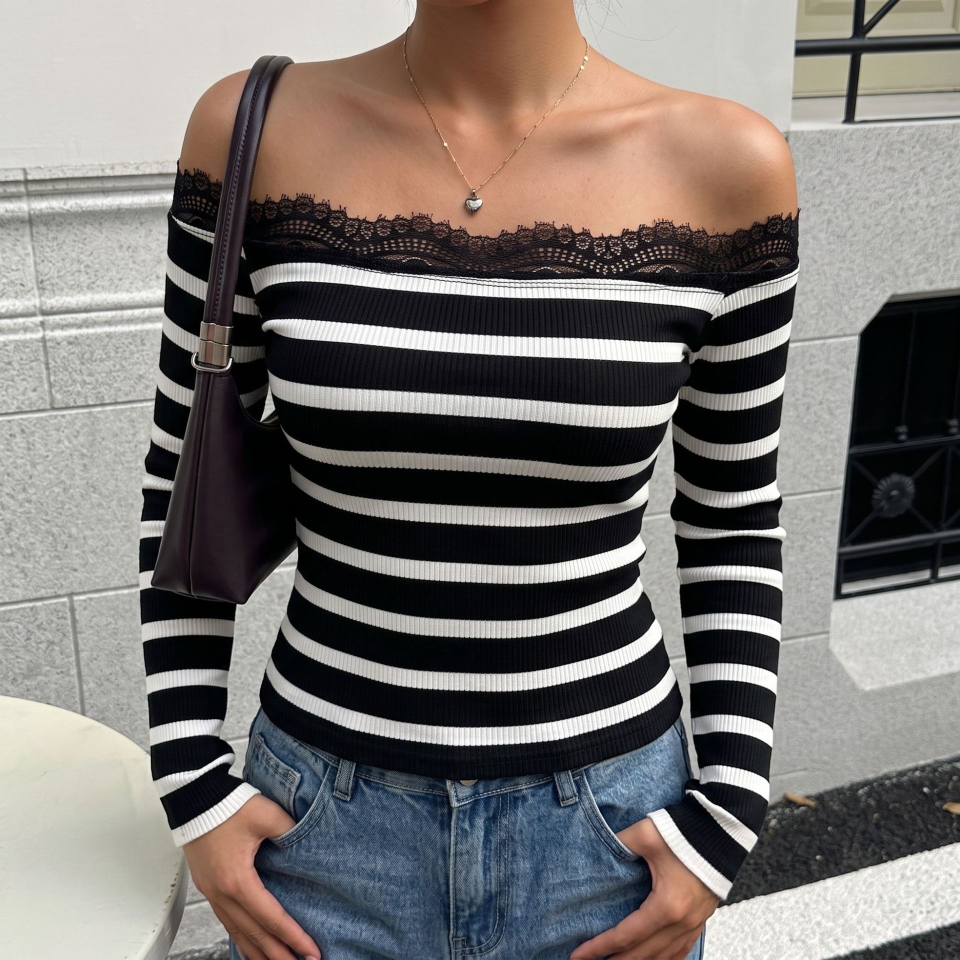 Women's Striped Lace Trim Off-Shoulder Top