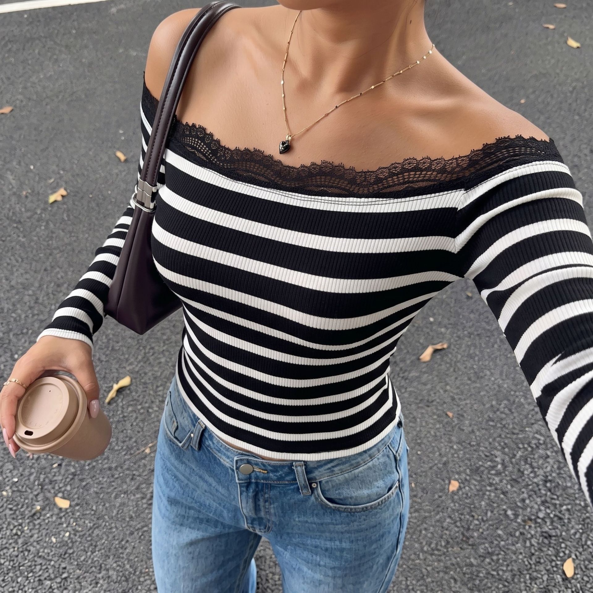 Women's Striped Lace Trim Off-Shoulder Top