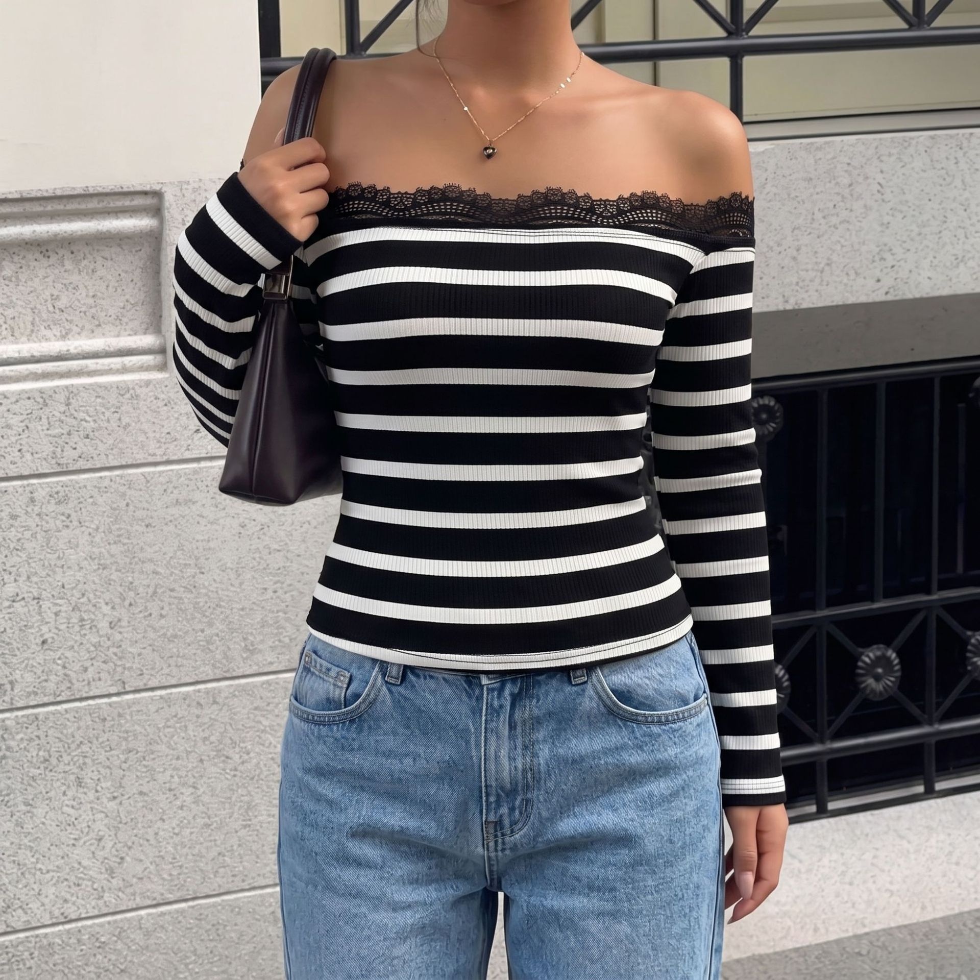 Women's Striped Lace Trim Off-Shoulder Top