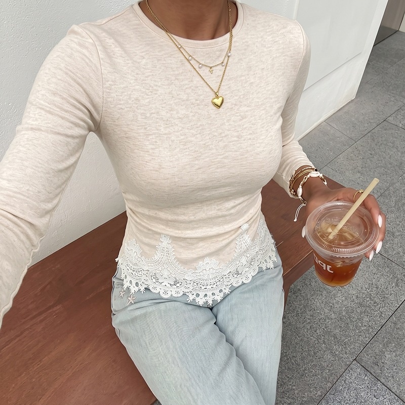 Women's Lace Trim Long Sleeve Top in Beige