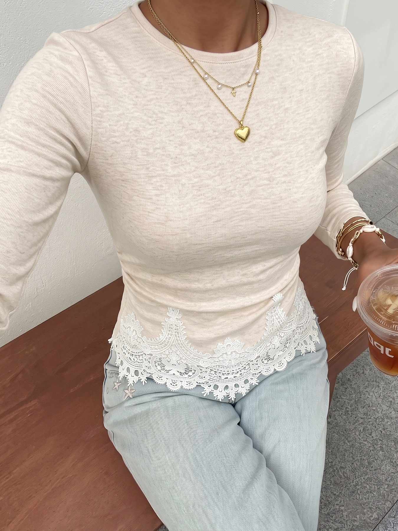 Women's Lace Trim Long Sleeve Top in Beige