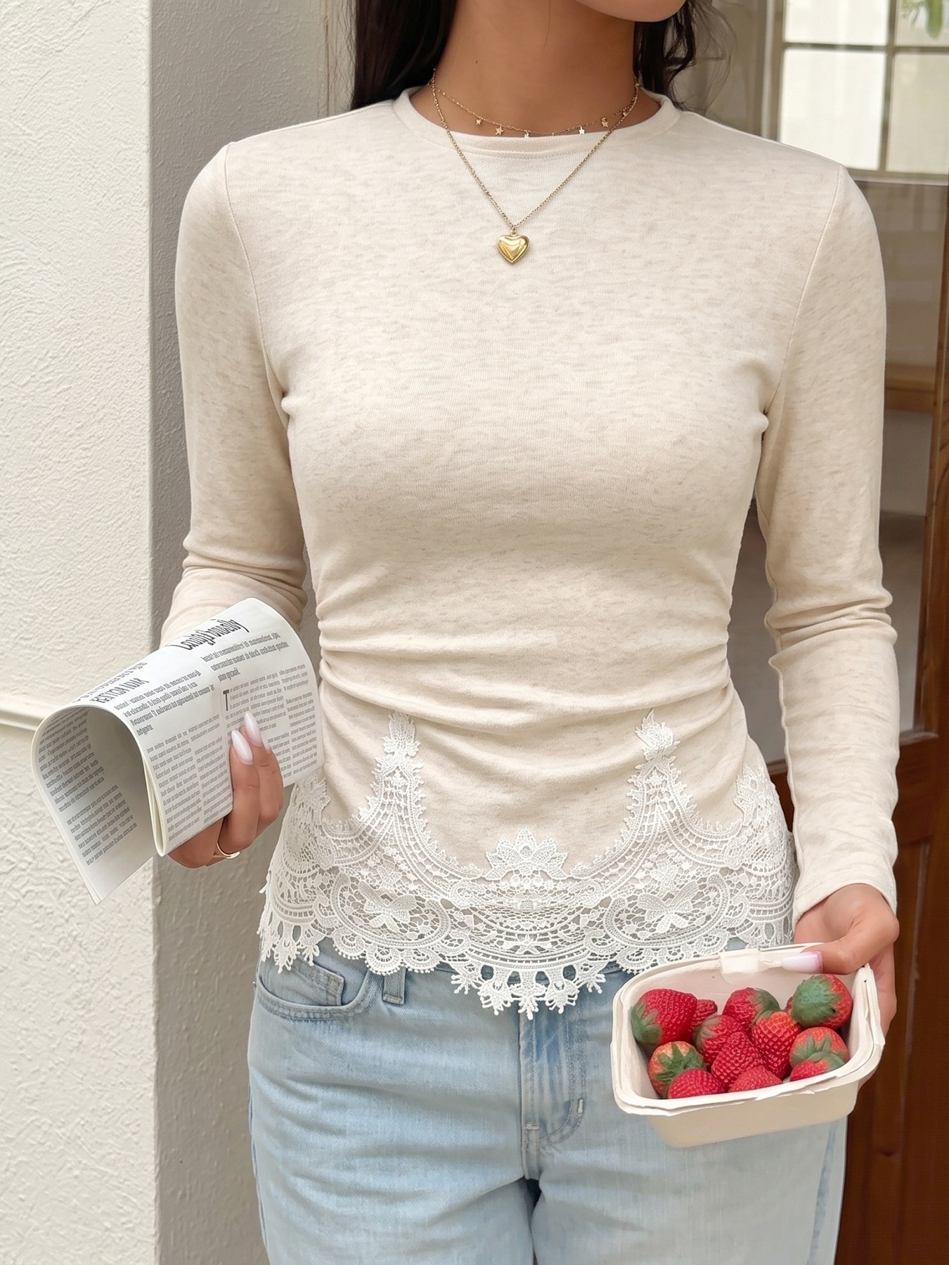 Women's Lace Trim Long Sleeve Top in Beige