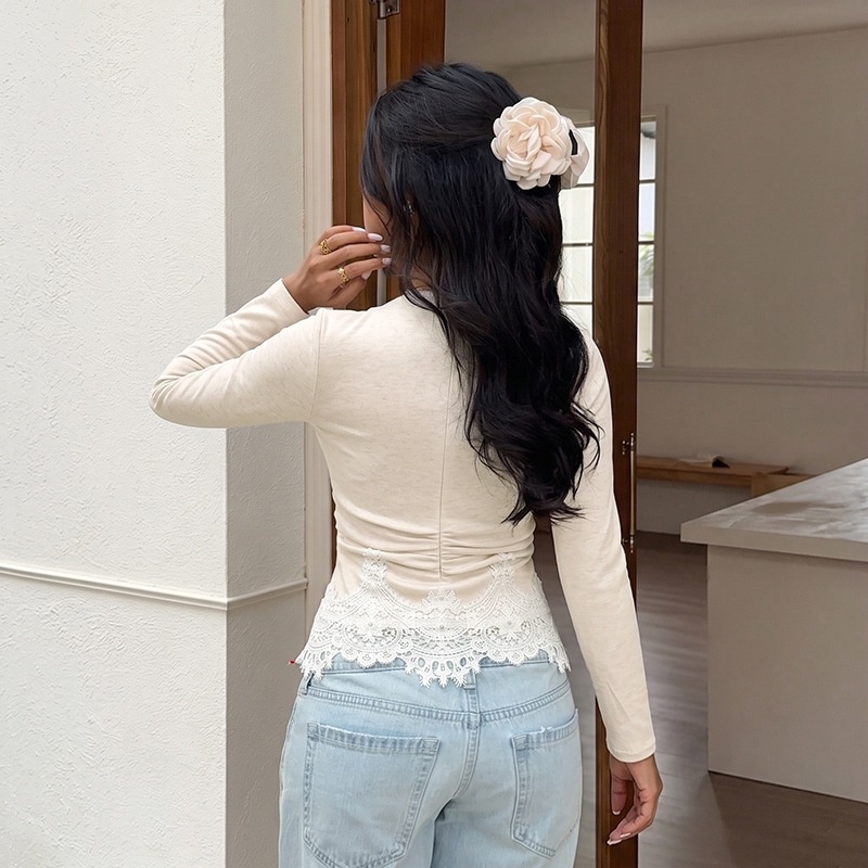 Women's Lace Trim Long Sleeve Top in Beige