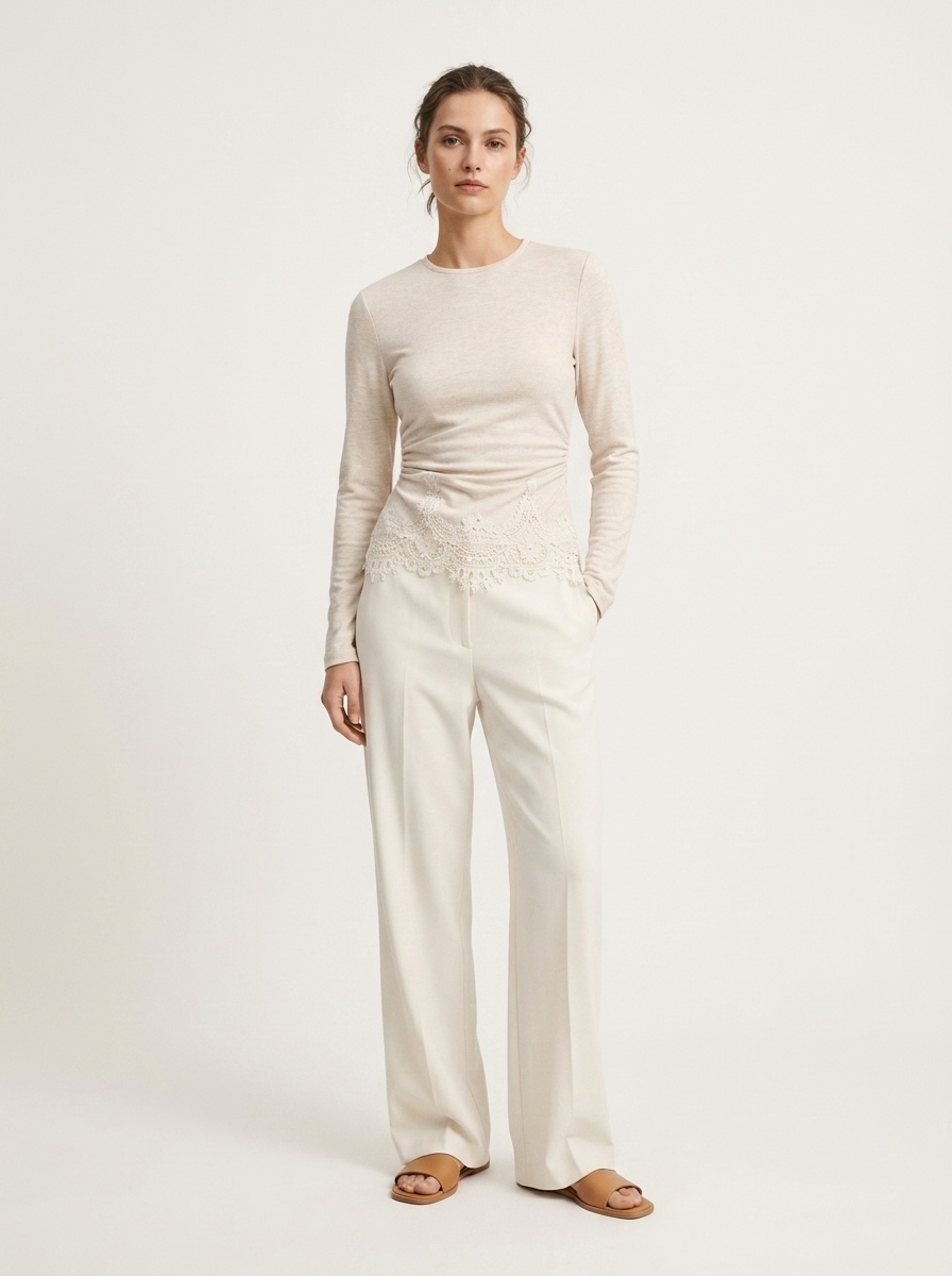 Women's Lace Trim Long Sleeve Top in Beige