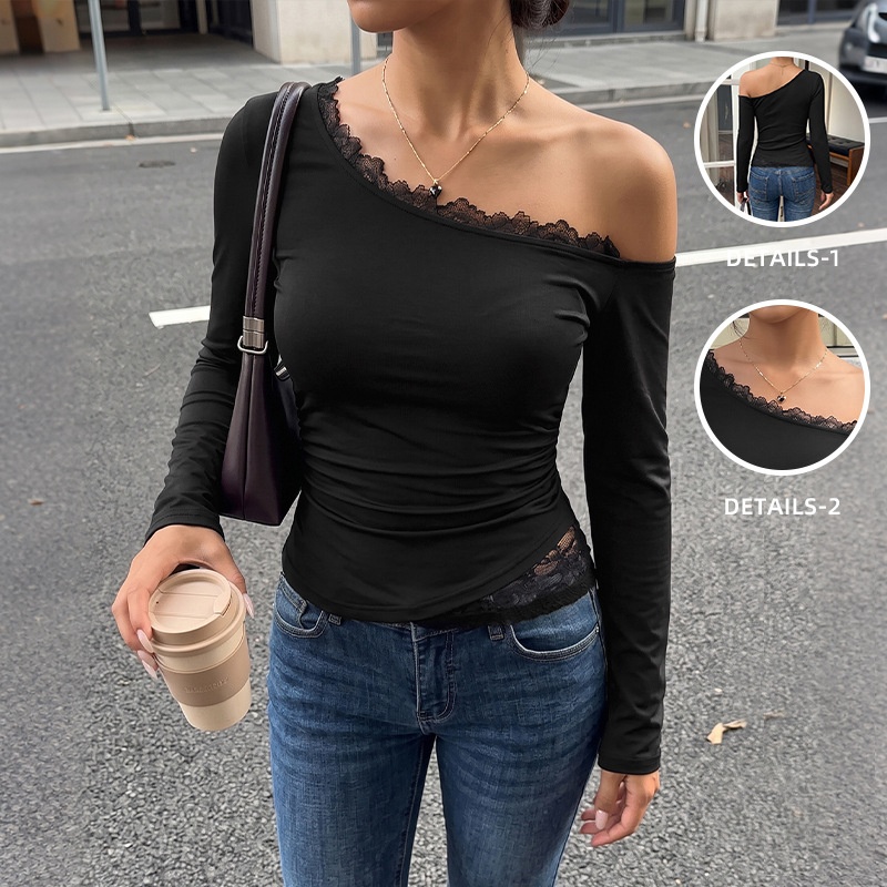 Asymmetric Off-Shoulder Lace Trim Long Sleeve Top