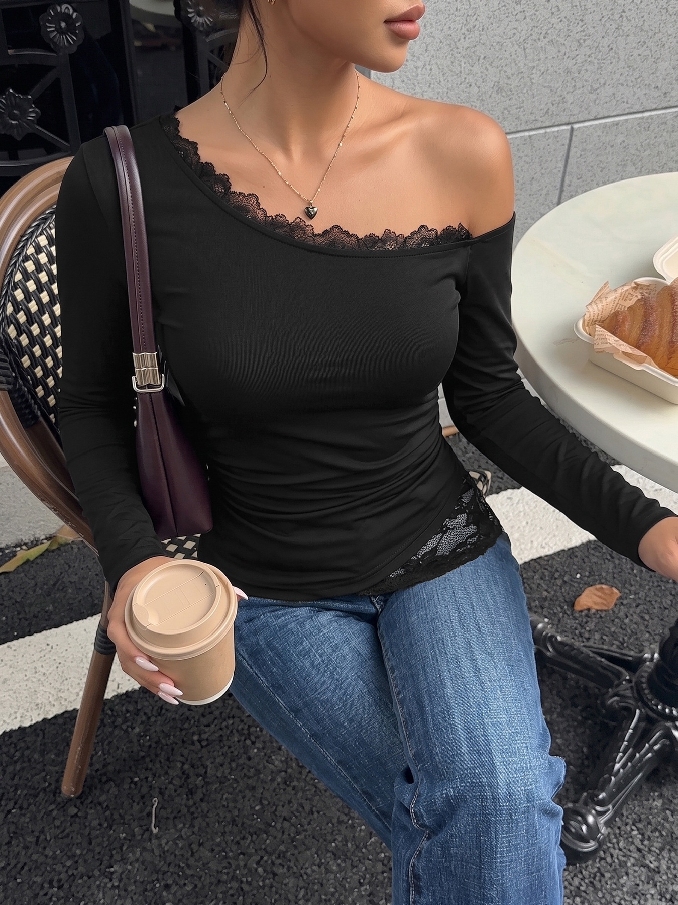 Asymmetric Off-Shoulder Lace Trim Long Sleeve Top