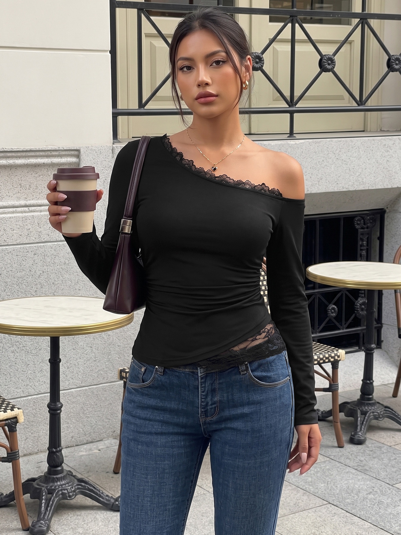 Asymmetric Off-Shoulder Lace Trim Long Sleeve Top