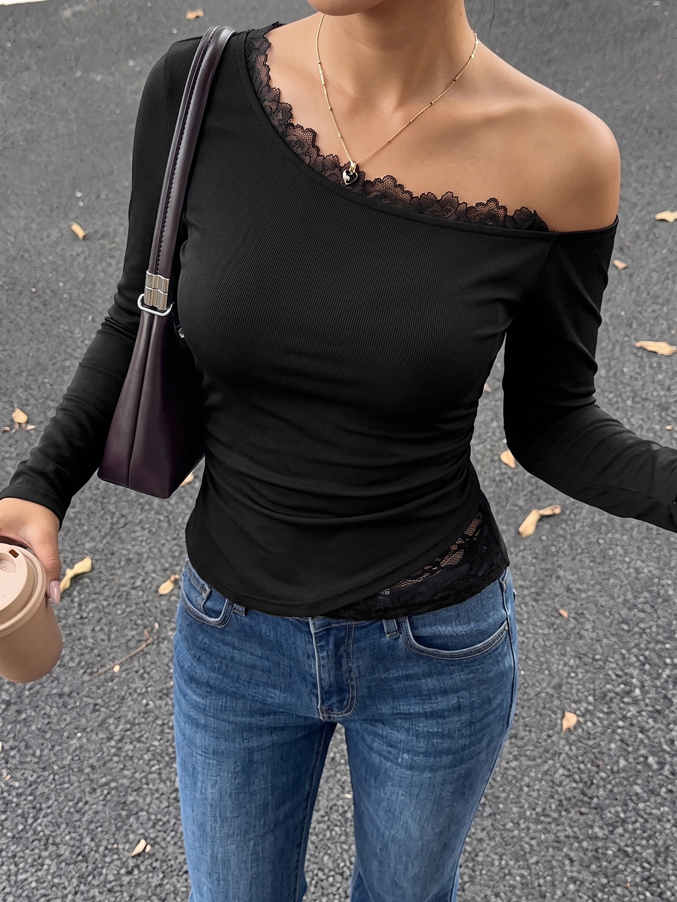 Asymmetric Off-Shoulder Lace Trim Long Sleeve Top