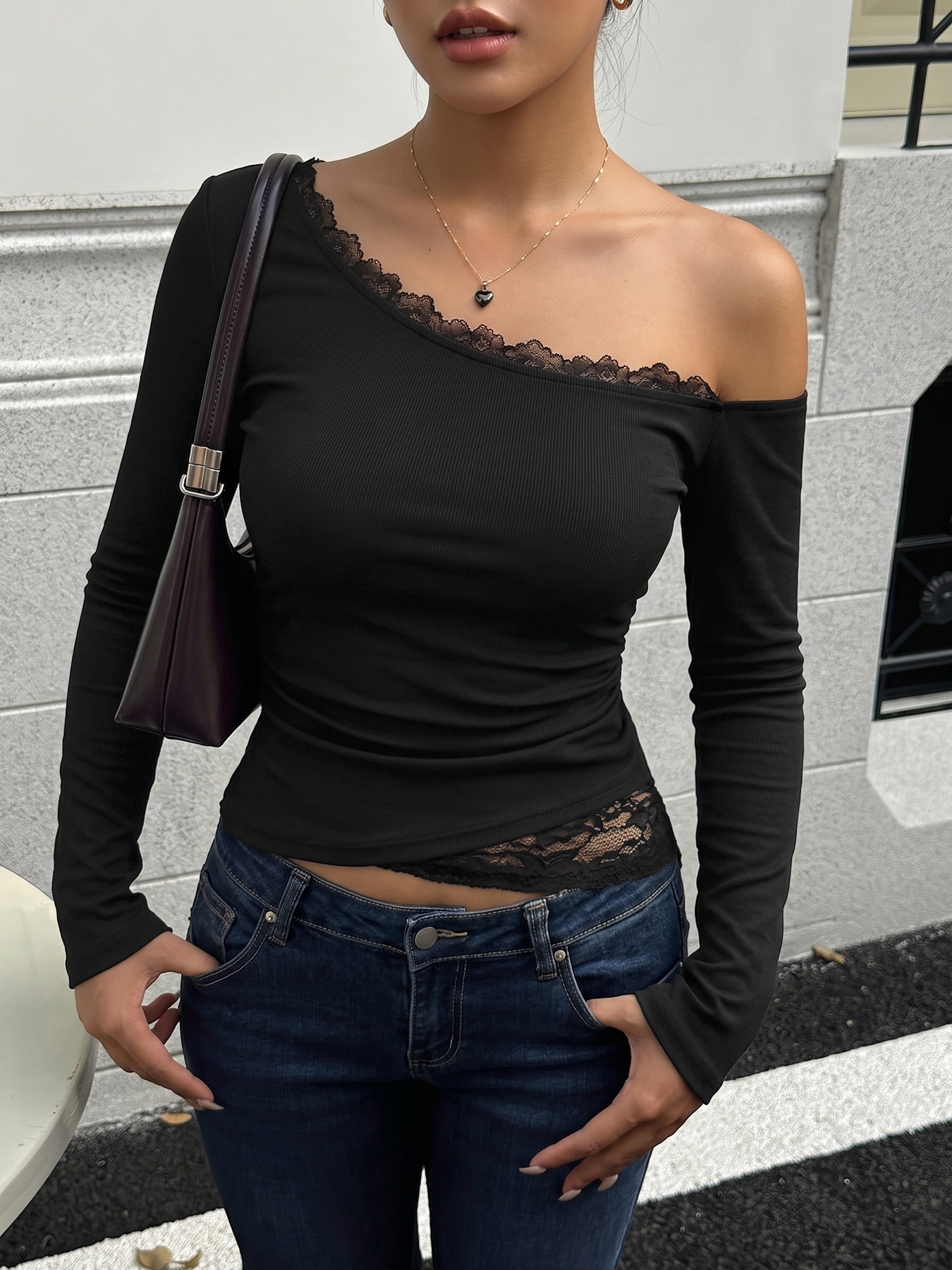 Asymmetric Off-Shoulder Lace Trim Long Sleeve Top