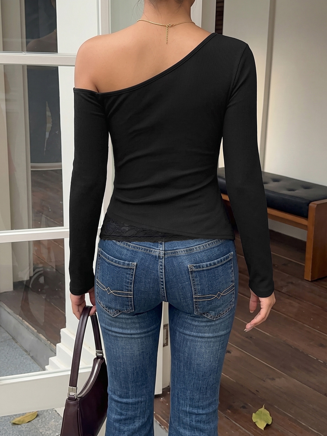 Asymmetric Off-Shoulder Lace Trim Long Sleeve Top