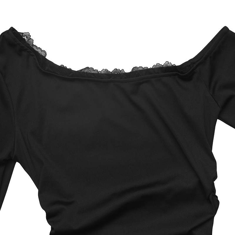 Asymmetric Off-Shoulder Lace Trim Long Sleeve Top