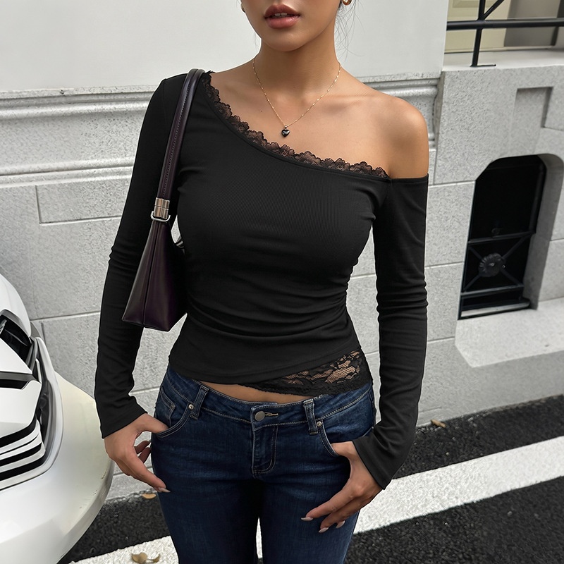 Asymmetric Off-Shoulder Lace Trim Long Sleeve Top