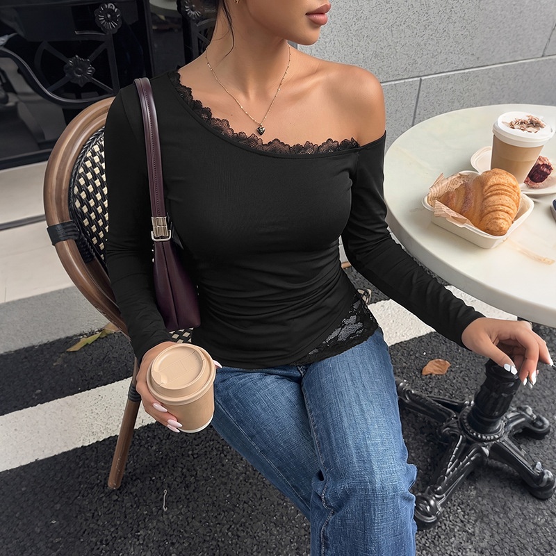 Asymmetric Off-Shoulder Lace Trim Long Sleeve Top