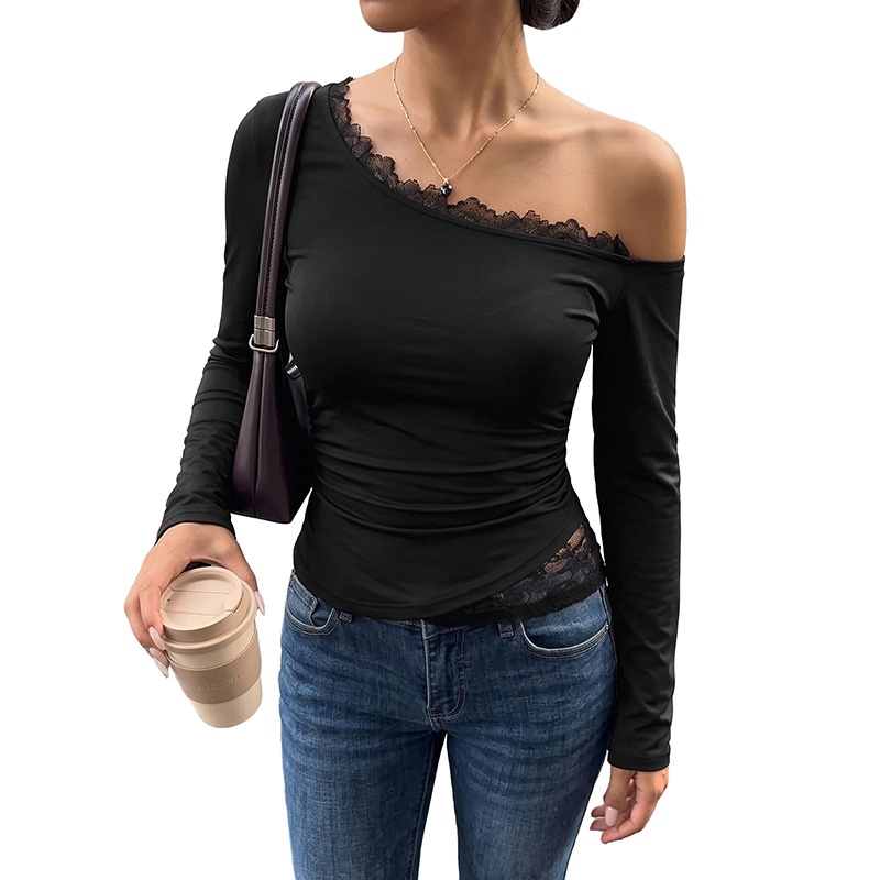 Asymmetric Off-Shoulder Lace Trim Long Sleeve Top