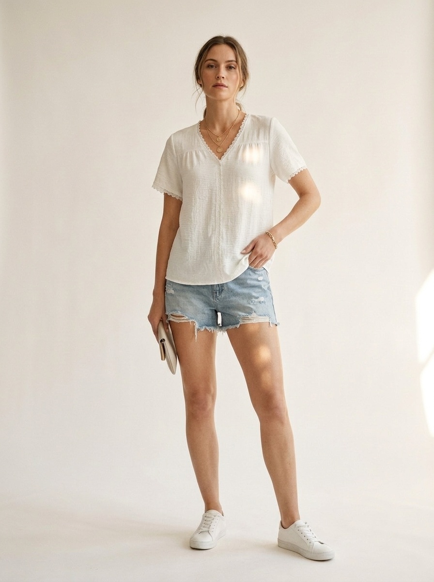 Weißes, strukturiertes Kurzarmtop mit V-Ausschnitt und Spitzenbesatz
