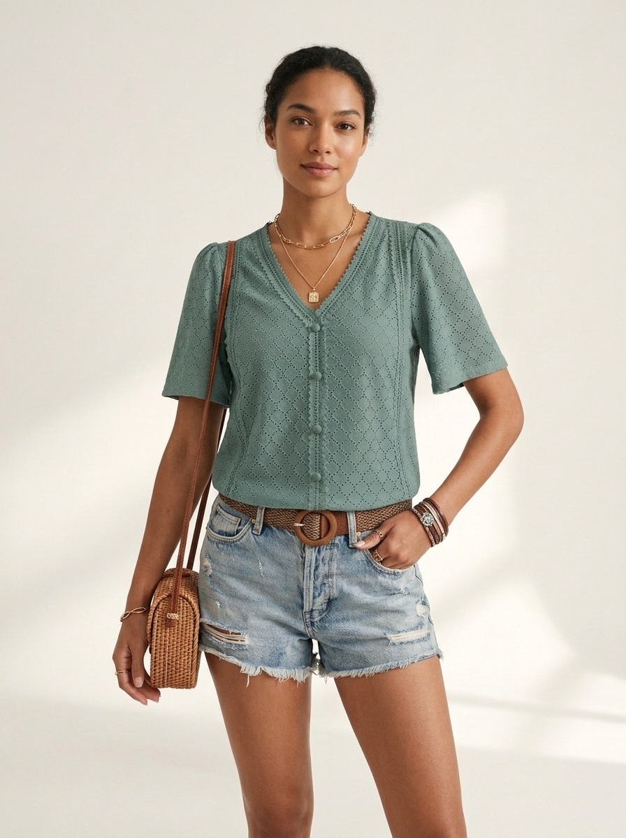 Women's Eyelet V-Neck Button-Front Blouse