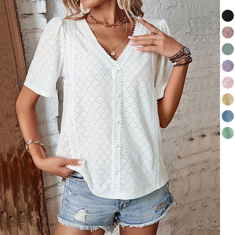 Women's Eyelet V-Neck Button-Front Blouse
