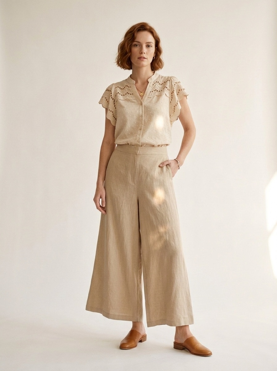 Women's Eyelet Lace Short Sleeve Button-Down Blouse