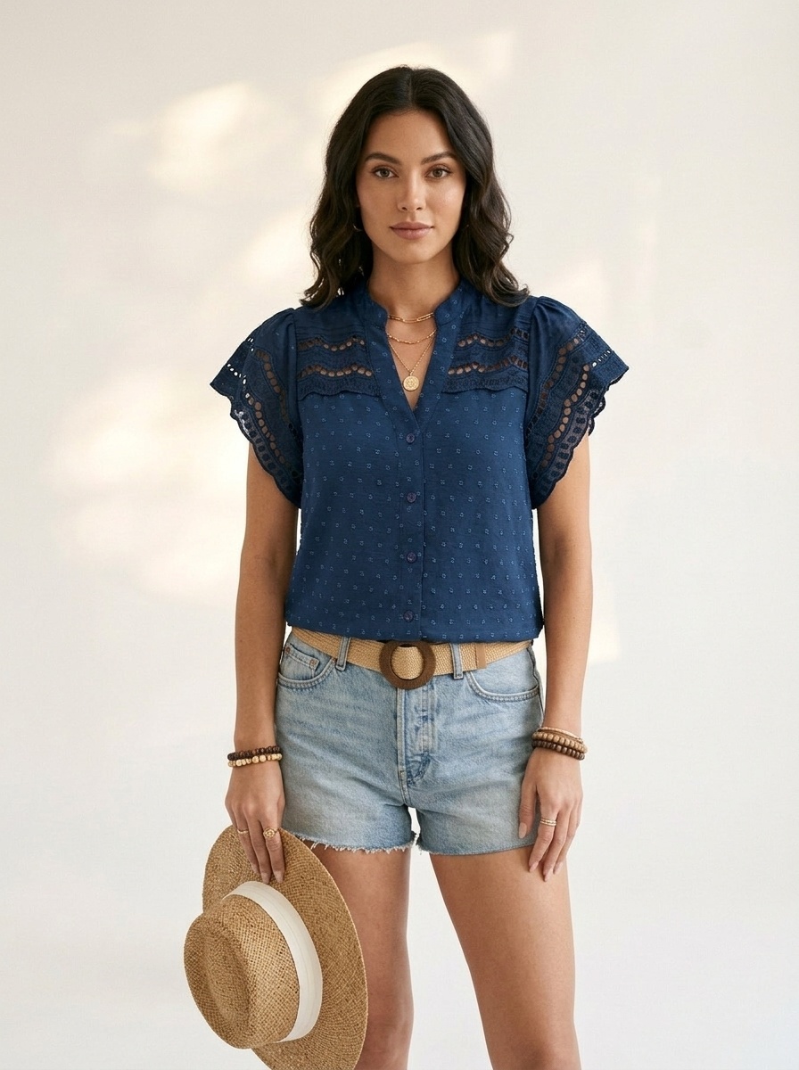 Women's Eyelet Lace Short Sleeve Button-Down Blouse