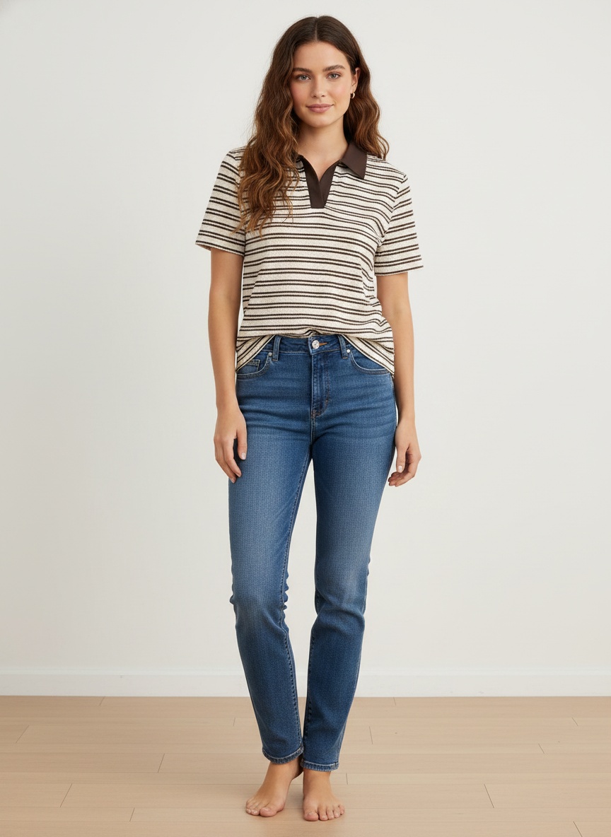 Women's Striped Knit Polo Shirt - Short Sleeve V-Neck