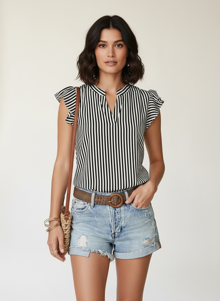 Women's Striped Ruffle Sleeve V-Neck Blouse Top