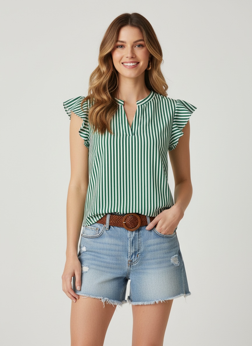 Women's Striped Ruffle Sleeve V-Neck Blouse Top