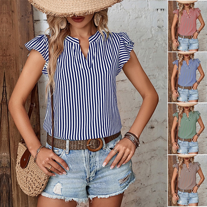 Women's Striped Ruffle Sleeve V-Neck Blouse Top